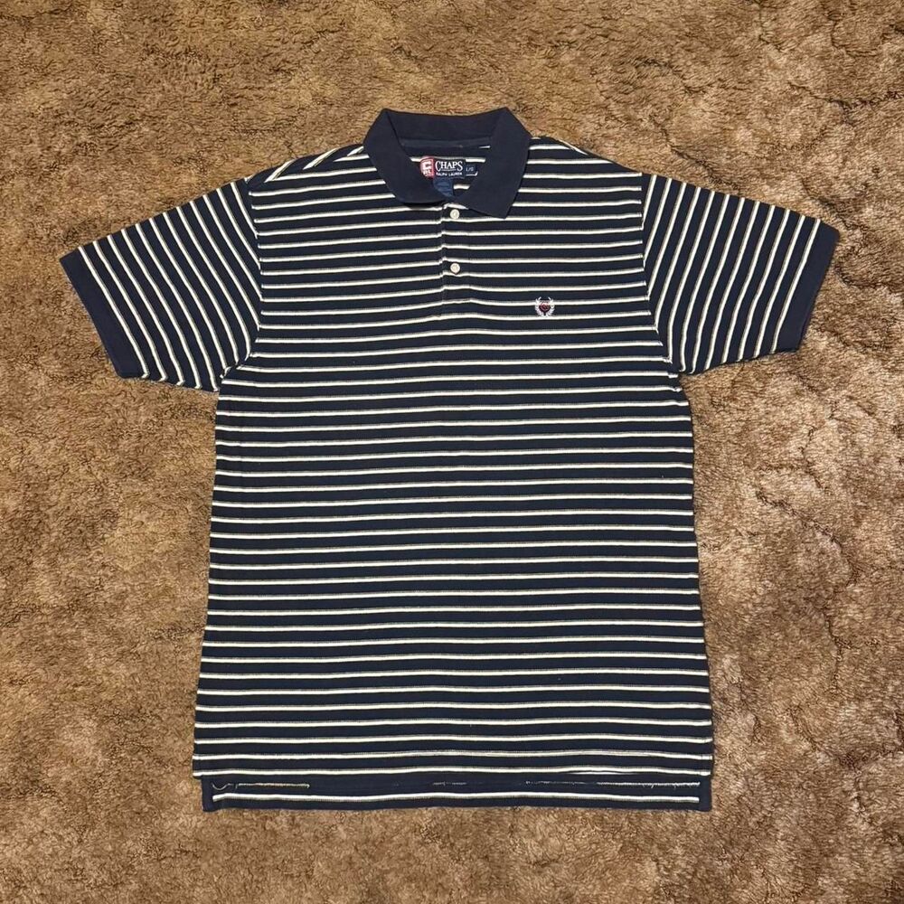 Vintage Chaps Ralph Lauren Striped Polo Shirt Navy Cream Embroidered Crest Large